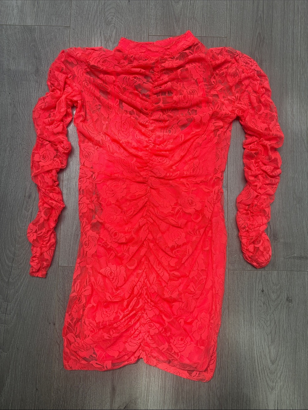 Miami Nights Neon Orange Lace Long Sleeve Ruched Bodycon Dress